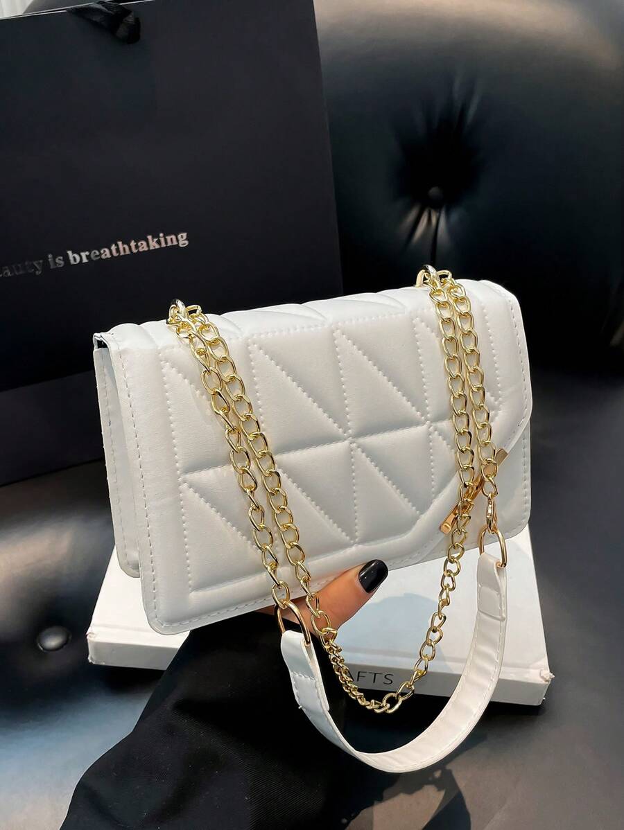 韩版独特裂纹纹理边饰做旧休闲单肩包女2025新款时尚ins简约小方形斜挎包 - 白色 - 查看 1