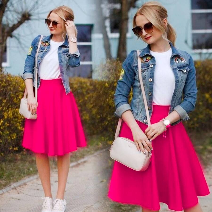 Conjunto falda y camiseta manga corta cintura alta vuelo ajuste femenino - Rosa Fucsia - Ver 1