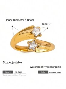 几何 Ins 风格不锈钢锆石开口戒指，高档戒指设计，精致轻奢女士珠宝，女士日常派对配饰，时尚珠宝，最佳朋友礼物 - 金色 - 查看 13