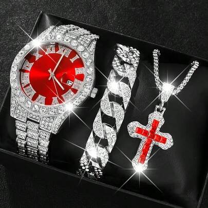 3 件男士简约石英表套装 - 带日历功能，圆形表盘，搭配个性化吊坠项链和链条手链组合，时尚帅气，适合任何地方佩戴/送礼