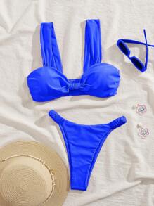 PEPPERMOLLY Bộ bikini màu trơn mới, có đệm mềm, dây đeo dày, xếp ly, gợi cảm, thích hợp cho mùa hè đi biển, du lịch. - Màu xanh hải quân - Xem 2