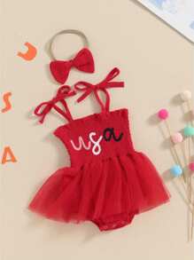 Baby Girl Summer Jumpsuit 4th Of July Letter Print Sleeveless Romper Dress And Headband Set Cute Fashion Clothes Outfits