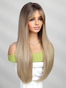 Peluca larga y recta de 26 pulgadas de alta calidad con degradado ombre y flequillo, hecha de fibra sintética resistente al calor, adecuada para festivales, fiestas, viajes y uso diario de mujeres - Degradado - Ver 7