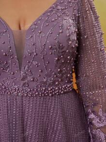 Vestido de noche de alta gama de manga larga con cuello en V, bordado de encaje, decoración de strass y perlas, para eventos, fiestas, invitados de boda, vestido formal, vestido de noche, talla grande