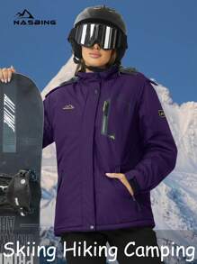 NASBING Women's Winter Skiing Jacket Water Resistant Windproof Thermal Lined Hooded Thermal Winter Clothes Windbreaker Hiking Skiing Camping Mountaining Coat,Fleece,Skiing - Purple - View 3