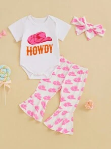 Baby Girls Letter Print Romper  Cow Print Flared Pants Set - 3PC Outfit With Headband For Infants - White - View 5