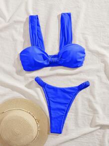 Nuevo conjunto de bikini sexy con tirantes gruesos acolchados y plisados de unicolor, traje de baño de moda de verano para mujer
