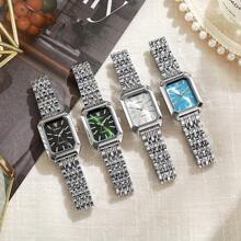 6pcs- Chic Square Women's Quartz Watch Set - Classic Beaded Bracelet Design, Alloy Case & Band, Non-Rechargeable Battery