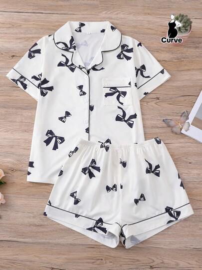 2 件大码女士睡衣套装，蝴蝶结印花短袖衬衫领扣上衣和宽松弹力短裤，适合超重人士、节日派对睡衣、休闲家居舒适家居服