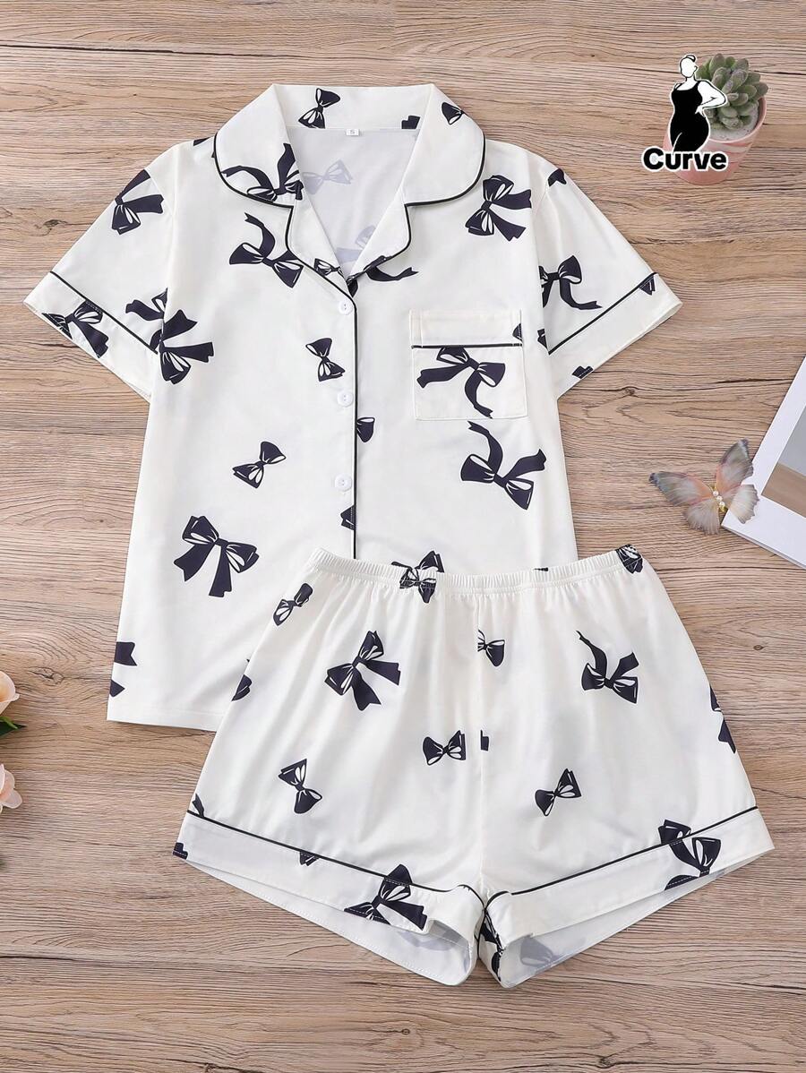 2件組大尺碼女款睡衣套裝,蝴蝶結印花,女士居家服,春夏度假穿搭,短袖翻領上衣與短褲休閒服 - 黑與白 - 查看 1