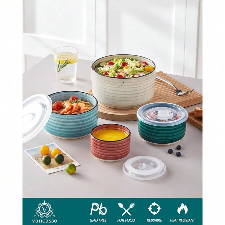 Bonbon Ceramic Nesting Bowls With Lids, Microwave Safe Food Storage Containers For Prep, Salad, Soup, Pasta, Cooking And Serving, Set Of 4 (60/36/20/10 Oz), Multi-Color - Multicolor - View 1