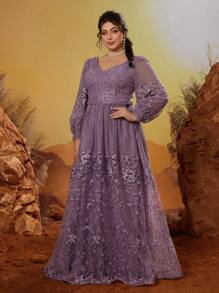 Abendkleid für Damen Große Größen mit V-Ausschnitt, bestickter Spitze, Langarm, Strass, hochwertige Abendgarderobe, Partykleid, Hochzeitsgast Kleid, Formelles Kleid, Abendkleid - Lila - Übersicht 5