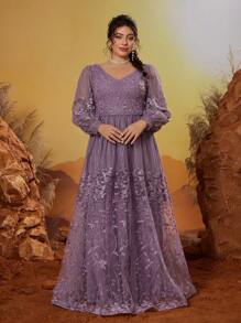 Abendkleid für Damen Große Größen mit V-Ausschnitt, bestickter Spitze, Langarm, Strass, hochwertige Abendgarderobe, Partykleid, Hochzeitsgast Kleid, Formelles Kleid, Abendkleid - Lila - Übersicht 3