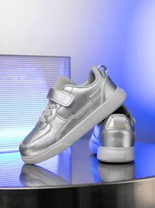 1 双儿童运动鞋透气弹力缓冲减震速干轻便防滑耐磨混合 PU 皮革鞋面休闲街头跑步鞋适合男孩和女孩 - 銀色 - 查看 9