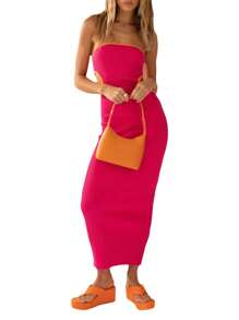 Women's Bodycon Tube Dress, Strapless Side Cutout Contrast Color Ribbed Long Dress - Hot Pink - View 2