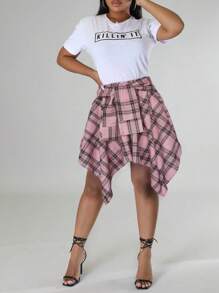 Plus Size Hip Hop Plaid Skirt 2025 - Women's Streetwear Tartan Skirt With Detachable Sleeves, Multi-Color Rap Style Skirt, High Waist A-Line Skirt With Belt (1X-5X) - Pink - View 10