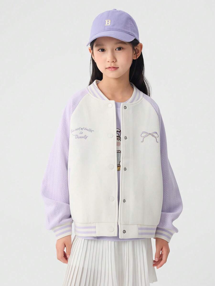 Balabala Girls' Color-Block Baseball Jacket, Spring Preppy Look
