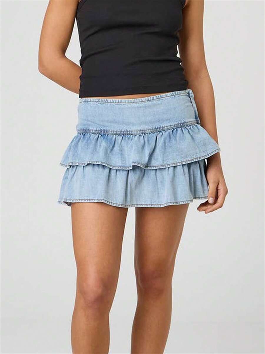 Sexy Layered Ruffle Mini Skirts Y2K Low Rise Pleated Short Skirt Frilly Flowy Coquette Micro Skirts Streetwear - 藍色 - 查看 1