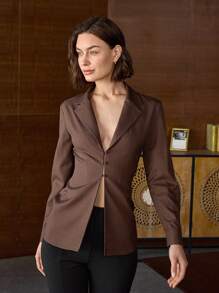 Women's Long Sleeve Elegant Solid Color Peter Pan Collar Fitted Blouse - Brown - View 5