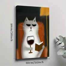 1pc Framed Canvas Poster, Cat Wine Funny Wall Art Canvas Paintings, Ideal Gift For Bedroom Living Room Corridor, Wall Art, Wall Decor, Winter Decor, Room Decoration
