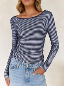 Vaiaye 女士春夏性感露背条纹针织长袖上衣，露背圆领外出T恤，适合通勤 - 藏蓝色 - 查看 2