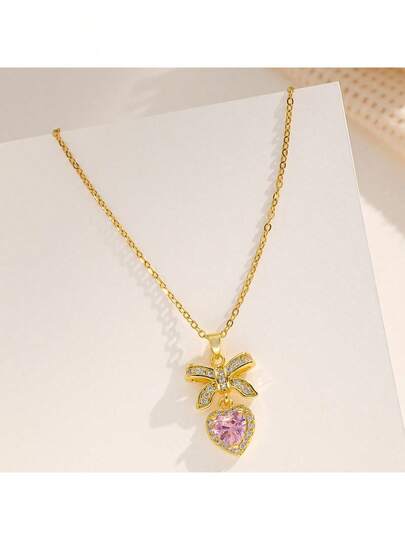 1pc Stainless Steel Bow Heart Necklace, Creative Design Minimalist Elegant Fashion Casual Suitable For Valentine's Day, Ramadan, Holiday Gifts, Daily Party Wear, Practical Choice (OPP Bag Packaging Box For Photoshoot Only)