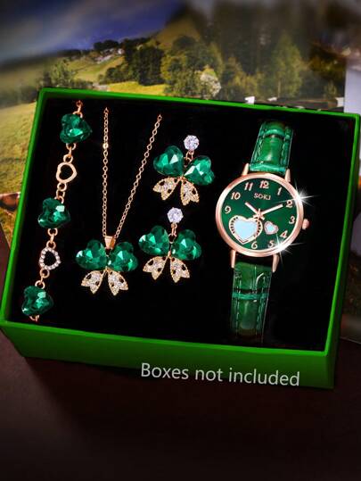 SOKI SOKI 1 Set Reloj de moda clásico casual de cuarzo para mujer, reloj de cielo estrellado verde y elegante y lujoso set de joyería con diseño de mariposa y corazón con circonita cúbica verde, perfecto para uso diario, regalos de cumpleaños, fiestas, reuniones festivas y como regalo ideal para ti o tus amigos. Cajas no incluidas.
