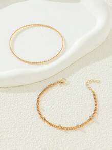 Set de 2 piezas: Brazalete y pulsera de mujer con decoración de cadena y cristales de metal - Dorado - Ver 2