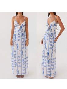 Womens Summer Long Dress Sleeveless Spaghetti Strap Tie-Up Front Loose Dress Back Cutout Dress - Màu xanh lam - Xem 2