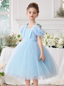 Young Girl Spaghetti Strap Bowknot Easter Party Dress, Elegant Princess Tulle Dress, Birthday Gift, Flower Girl Wedding Gown, School Dance Recital Celebration Dress