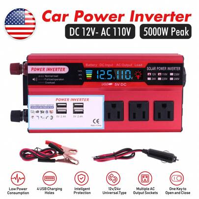 5000W 16000W LCD Car Power Inverter D.C 12V To AC 110V Pure Sine Wave Solar Converter, Pure Sine Wave Power Inverter 12V To AC 110V With Digital Display, Single Outlet, For Smart Cooling Fan, Aluminum Shell, Room Electrical Hardwiring, High Power Conversion For Home And Travel