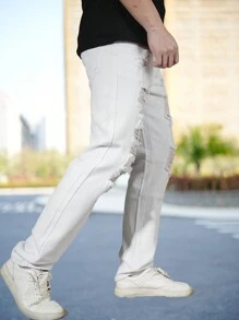 Men's Distressed White Denim Jeans, Casual Outdoor All Season