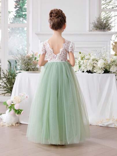 Mint Green Elegant Princess V-Neck Lace Trim Mesh Party Dress, Suitable For Girls' Birthday Party, Banquet, Evening Party, Wedding, Bridesmaid, Pageant