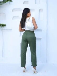 Women's Casual Tailored Trousers With Elastic Waist And Elegant Pockets - xanh quân đội - Xem 6