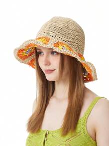 LEAJOURNO. 1頂日式風格花朵草編復古空心邊織造遮陽帽,適用於夏天沙灘 - 棕色 - 查看 1