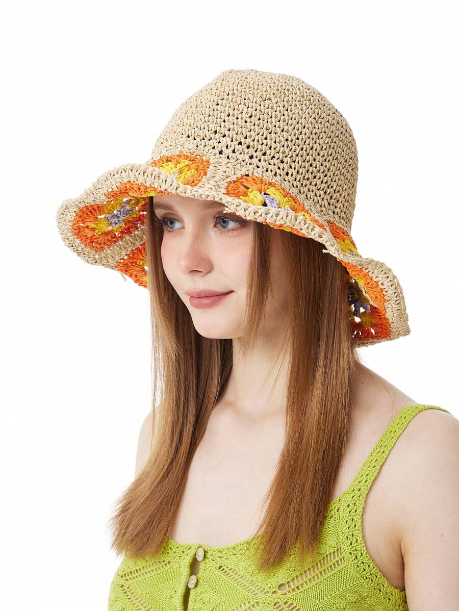 LEAJOURNO. 1頂日式風格花朵草編復古空心邊織造遮陽帽,適用於夏天沙灘 - 棕色 - 查看 1