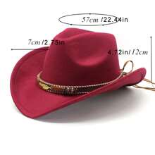 Western Cowboy Hat Faux Felt Leather Wide Brim Hat Classic Outdoor Travel Cap With Strap For Halloween Adult Men Women Cowgirl Costume - 酒紅色 - 查看 2