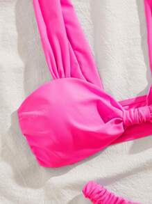 New Solid Color Soft Padded Wide Strap Pleated Sexy Bikini Set, Summer Beach Fashion Swimwear For Women