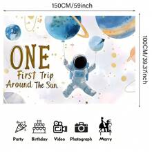 1pc Reusable Polyester Space Themed Backdrop Banner, "First Journey Around The Sun" Astronaut And Planet Design, Suitable For Birthday, Anniversary, Home Decor, Indoor And Outdoor Use, Space Decoration