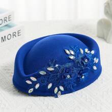 Women Vintage Church Hats Diamond Flower Applique Felt Pillbox Hats Fascinator Tea Party Hats - Blue - View 8