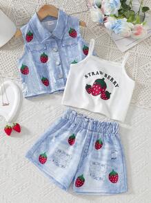 3 件套年轻女孩夏季服装 - 蝴蝶印花设计荷叶边领衬衫、松紧腰裤和吊带背心，优雅套装，适合度假和旅行，春夏 - 藍色 - 查看 1