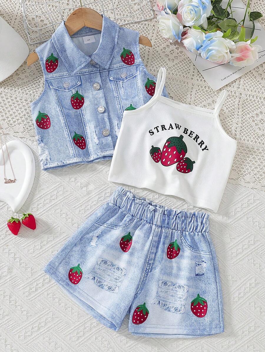 3 件套年轻女孩夏季服装 - 蝴蝶印花设计荷叶边领衬衫、松紧腰裤和吊带背心，优雅套装，适合度假和旅行，春夏 - 藍色 - 查看 1