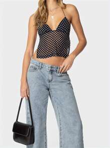 Womens Sexy Backless Halter Top Y2k Polka Dot Print Spaghetti Strap Sleeveless Deep V Neck Tie Back Cami Tank Tops Mesh See Through Camisole Crop Tops Summer Cute Going Out Tops Party Club Beach Vacation Streetwear - 黑色 - 查看 7