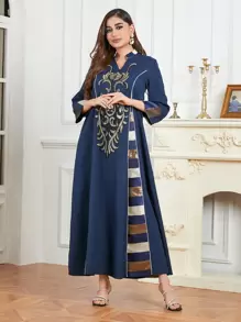 花卉圖案亮片缺口V領連衣裙 - 藏蓝色 - 查看 2