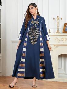 花卉圖案亮片缺口V領連衣裙 - 藏蓝色 - 查看 4