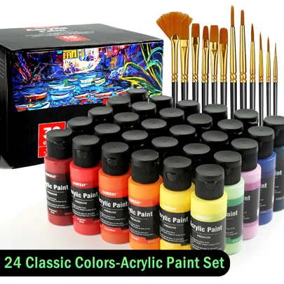 Acrylic Paint Set, 24 Classic Colors(2oz), Professional Craft Paint Kit, Canvas, Rock, Stone, Ceramic, Model, Wood Painting With 12 Brushes