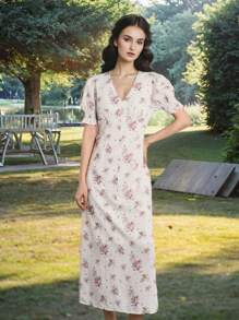 Simple Retro 女士V领花瓣袖碎花优雅复古修身长裙，适合春夏度假穿着 - 杏色 - 查看 1