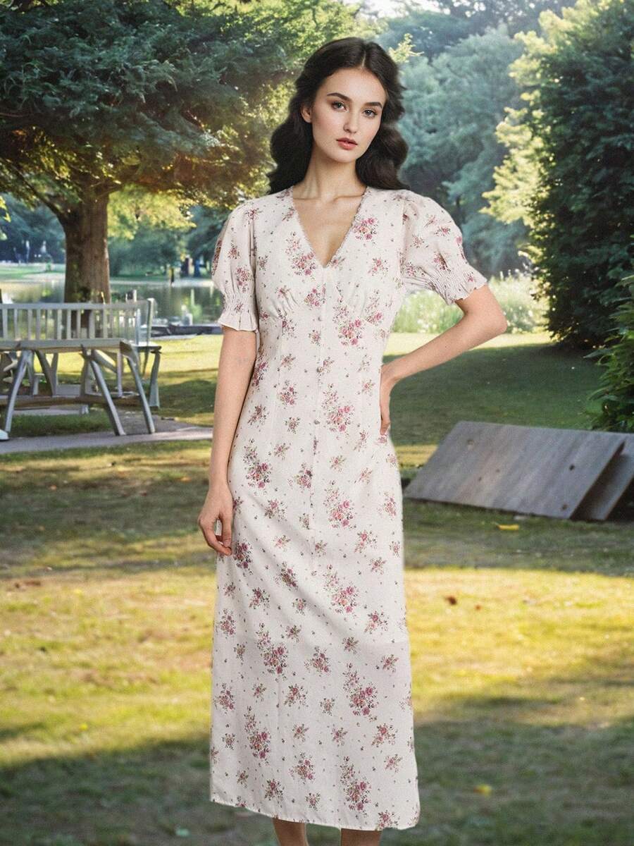 Simple Retro 女士V领花瓣袖碎花优雅复古修身长裙,适合春夏度假穿着 - 杏色 - 查看 1