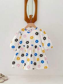 女童彩色花卉印花休闲舒适可爱连衣裙，夏季 - 白色 - 查看 9