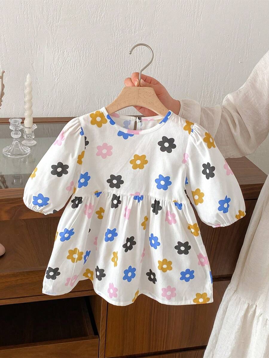 女童彩色花卉印花休闲舒适可爱连衣裙，夏季 - 白色 - 查看 1